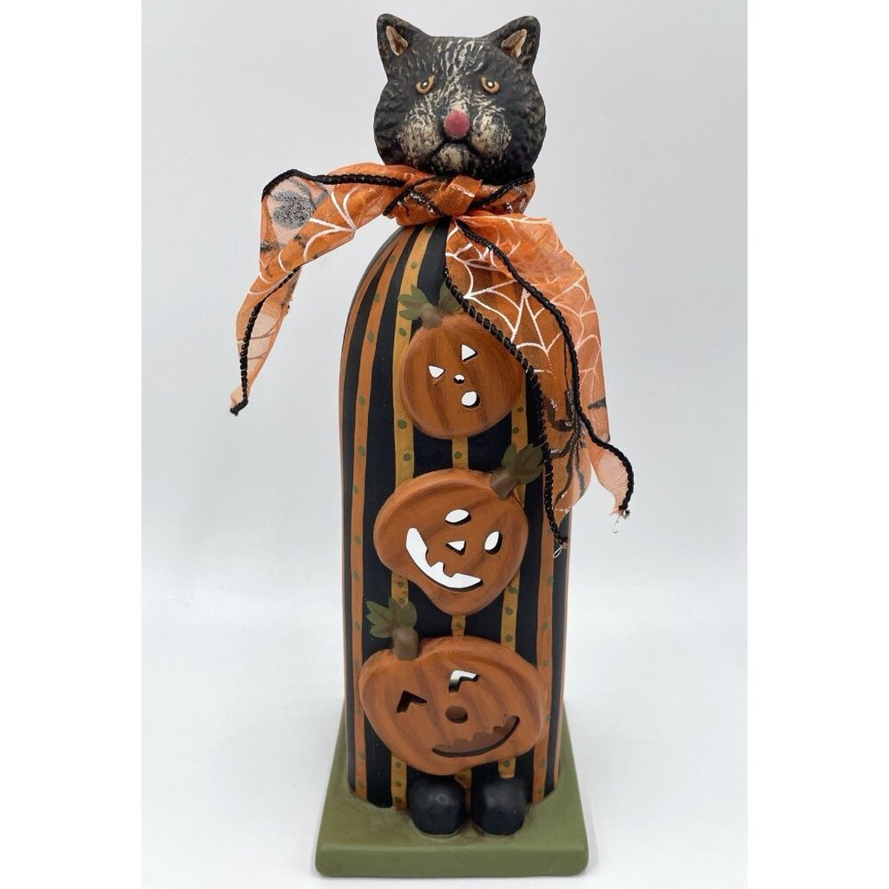 Halloween Black Cat Pumpkin Tea Candle Holder Ceramic Statue Folk Decoration 10"